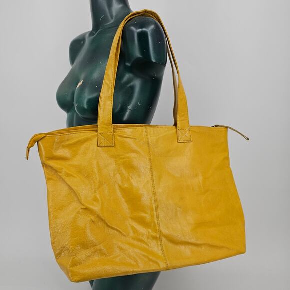 Latico Mustard Yellow Leather Zip Tote Bag Double Shoulder Strap Minimalist Norm - Picture 2 of 11
